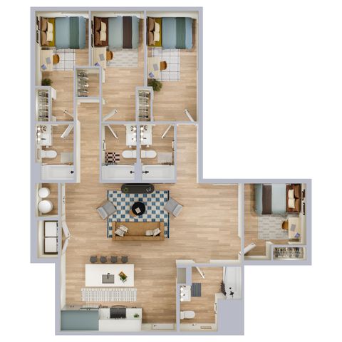 Modern floor plan featuring 3 spacious bedrooms, a stylish open-concept living and dining area, and a fully equipped kitchen. Ideal for family living with contemporary design and ample natural light.