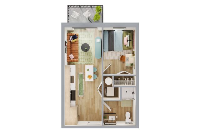Modern 1-bedroom apartment floor plan featuring an open-concept living area, sleek kitchen, cozy bedroom, and private balcony.
