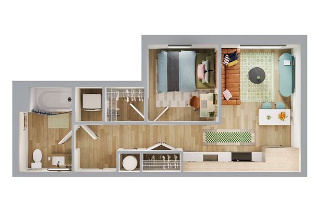 Chic apartment floor plan featuring a cozy bedroom, stylish living area, modern kitchenette, and well-appointed bathroom.