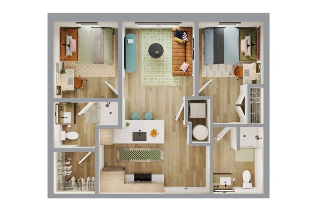 Modern apartment floor plan with two bedrooms, stylish living area, and open kitchen. Features cozy furniture layout and two bathrooms for comfort.