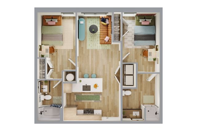 Chic 2D floor plan showcasing 2 bedrooms, a modern open-plan living area, and a functional kitchen with a central island.