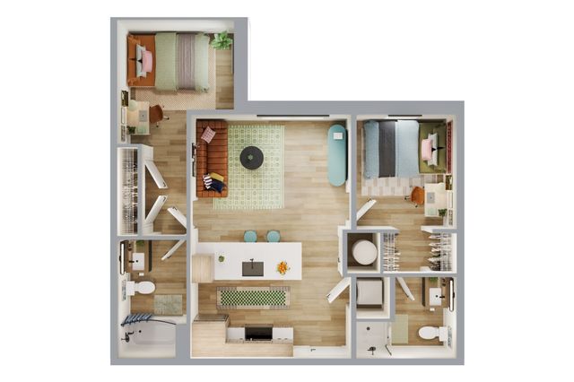 Chic floor plan showcasing 2 bedrooms, a modern open-concept living area, and a stylish kitchen with high-end finishes.