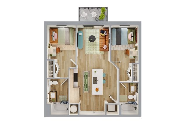 Modern 2D floor plan showcasing 2 bedrooms, stylish open-concept living area, and a chic kitchen with island seating.