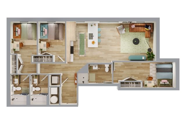 Contemporary floor plan showcasing 3 cozy bedrooms, open-concept living space, modern kitchen, and 2 elegant bathrooms in a stylish layout.