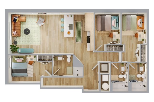 Elegant 2D floor plan with 3 cozy bedrooms, a modern open-concept living room, spacious kitchen with island seating, and two luxurious bathrooms.
