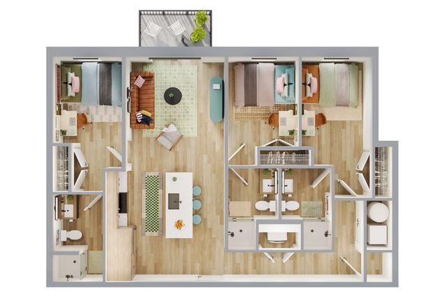 Modern 2D floor plan showcasing 3 bedrooms, a stylish open-concept living room, and contemporary kitchen, complemented by a private balcony.