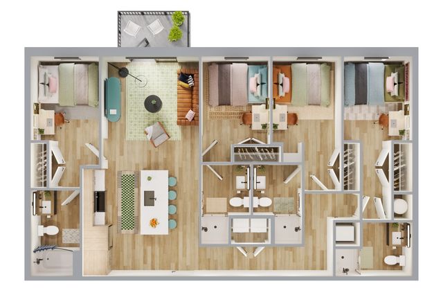 Bright and modern floor plan showcasing 3 spacious bedrooms, a stylish open-concept living room, and a large kitchen with island seating, perfect for contemporary living.