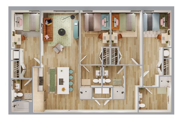 Bright and contemporary floor plan featuring four bedrooms, an open living area, and a modern kitchen with island seating.