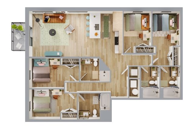 Modern apartment floor plan featuring 3 stylish bedrooms, an open-concept kitchen with island seating, a cozy living room, and two spacious bathrooms. Includes a charming balcony for outdoor relaxation.