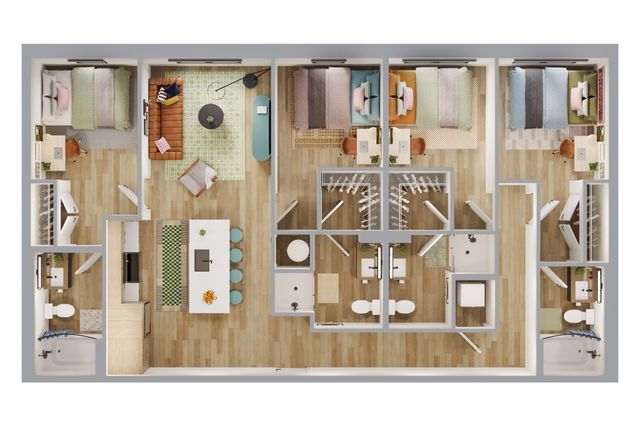 Elegant 3D floor plan showcasing three spacious bedrooms, an open-concept kitchen with island seating, and a cozy living area.