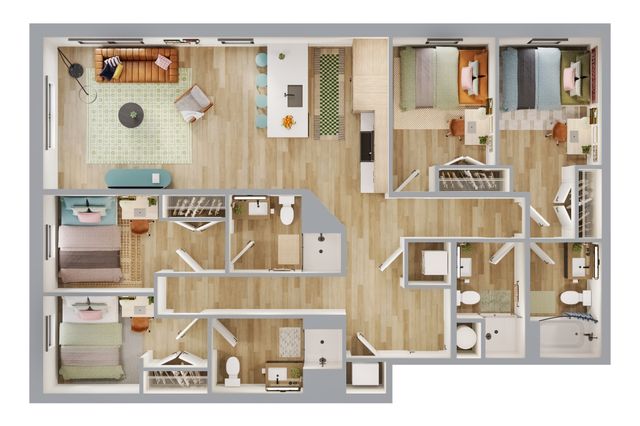 Modern apartment floor plan featuring 4 bedrooms, open-concept living and dining area, and a spacious kitchen with island seating.