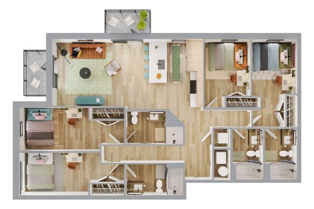 Modern 3D floor plan featuring four bedrooms, open-concept living area, sleek kitchen, and two private balconies.