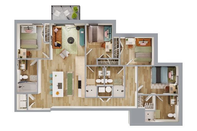 Chic apartment floor plan showcasing 3 bedrooms, a modern open-concept living and dining area, and a private balcony with seating.