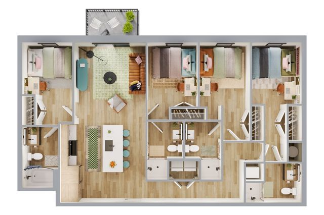 Spacious 3-bedroom apartment floor plan with modern open-concept design, featuring a stylish kitchen, elegant living area, two luxurious bathrooms, and a cozy balcony.