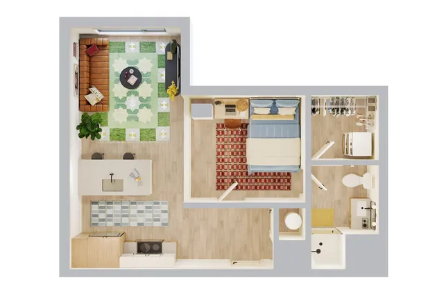 Chic 1-bedroom apartment floor plan with a cozy living area, modern kitchen, stylish bedroom, and efficient bathroom layout.