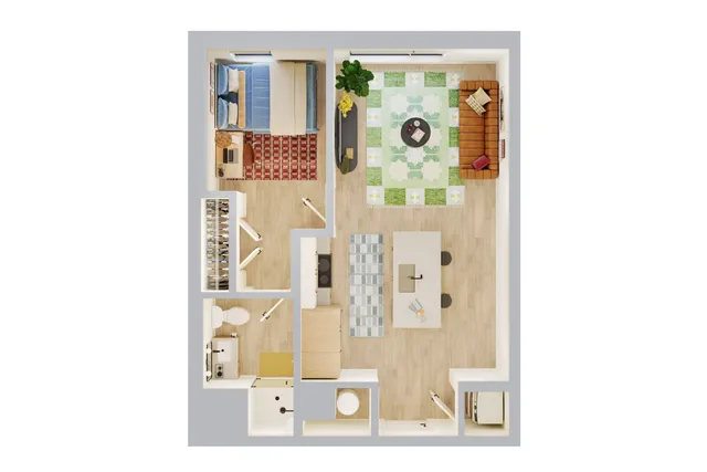 Modern apartment floor plan featuring one bedroom, a cozy living room with stylish furniture, and an open kitchen layout. Includes a compact bathroom and ample storage space.