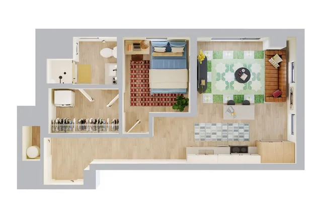 Modern floor plan showcasing a cozy one-bedroom apartment with an open living area, stylish kitchen, and elegant bathroom.