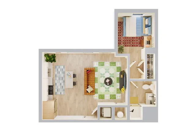 Inviting 2D floor plan showcasing a cozy bedroom, sleek open kitchen, and a vibrant living area with modern furnishings.
