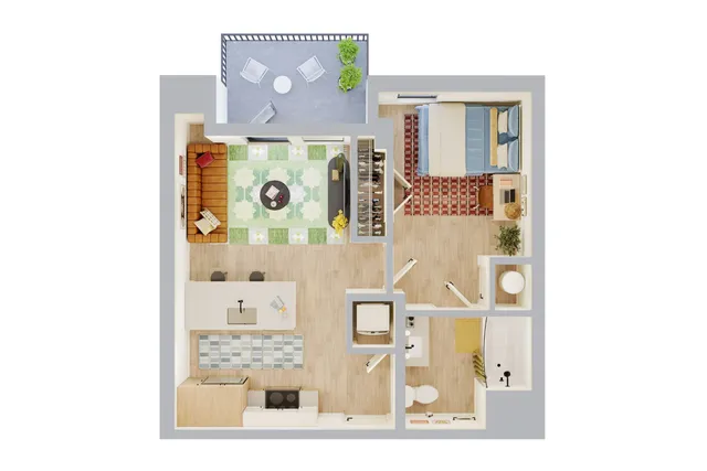 Modern floor plan featuring a bedroom, stylish open living area with hardwood floors, a sleek kitchen island, and a cozy balcony with outdoor seating.