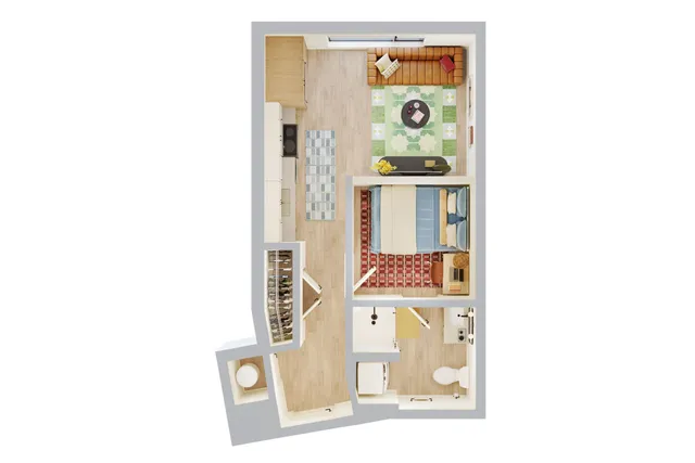 Charming 2D apartment floor plan showcasing a cozy bedroom, modern bathroom, and inviting open kitchen and living area with stylish decor.