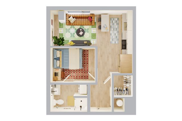 Elegant 3D floor plan showcasing a cozy one-bedroom apartment with an open living area, modern kitchen, and stylish decor.