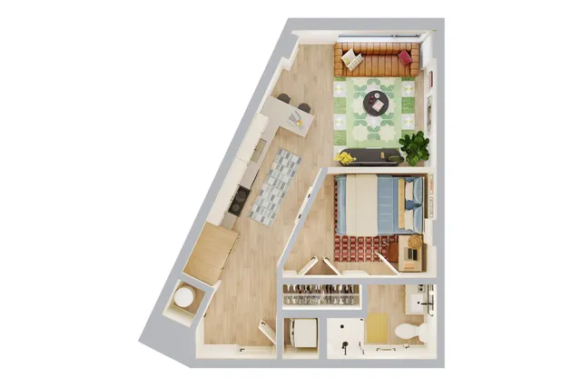 Contemporary floor plan showcasing a cozy bedroom, stylish open-plan living area, modern kitchen, and compact bathroom, perfect for a chic urban lifestyle.