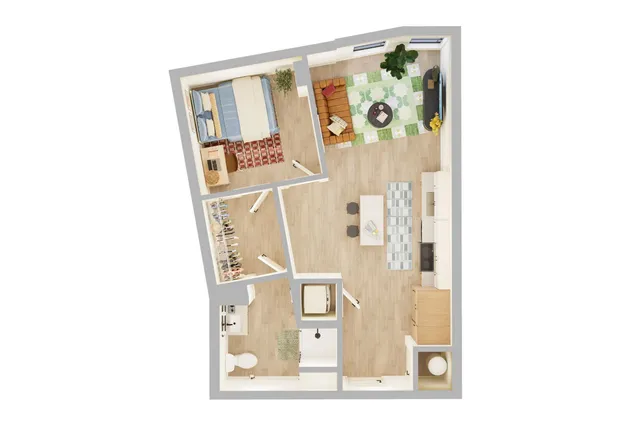 Modern 3D floor plan showcasing a sleek one-bedroom apartment with open-concept living area and contemporary kitchen.