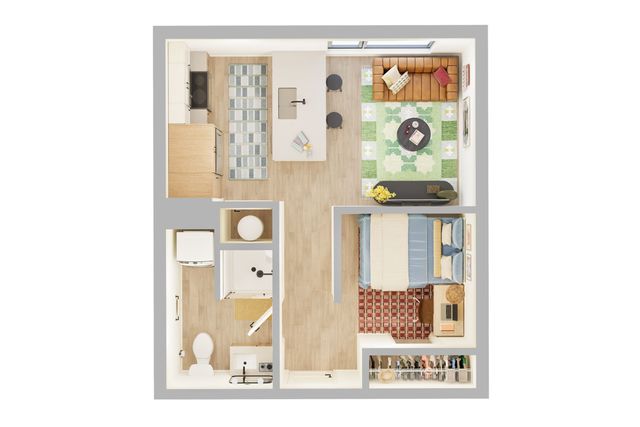 Modern 2D floor plan of a cozy apartment featuring an open-concept kitchen with island seating, a stylish living area with a green accent rug, a comfortable bedroom with ample closet space, and a sleek bathroom.
