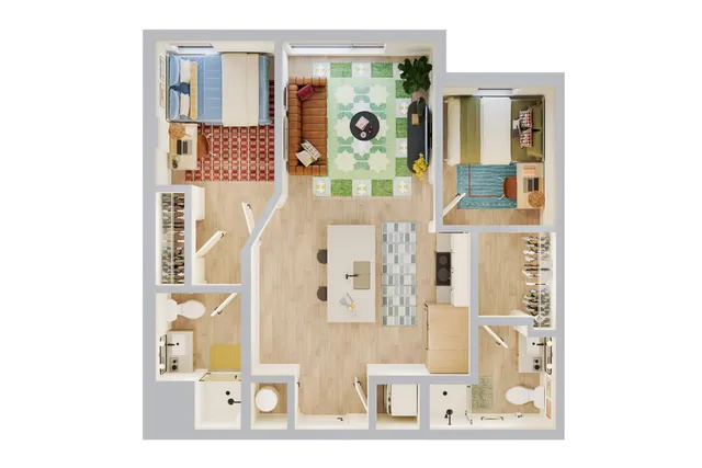 Modern floor plan showcasing two cozy bedrooms, a vibrant living area, open kitchen with island seating, and two stylish bathrooms.