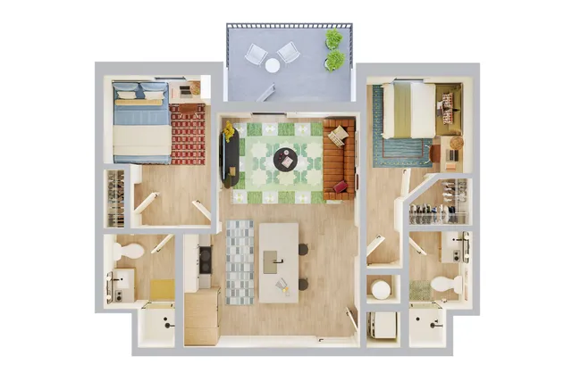 Elegant 2D floor plan with 2 bedrooms, open living and dining area, modern kitchen, and a cozy balcony.