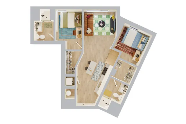 Charming apartment floor plan featuring 2 cozy bedrooms, an elegant open-concept living area, functional kitchen space, and modern bathrooms. Ideal layout for stylish urban living.