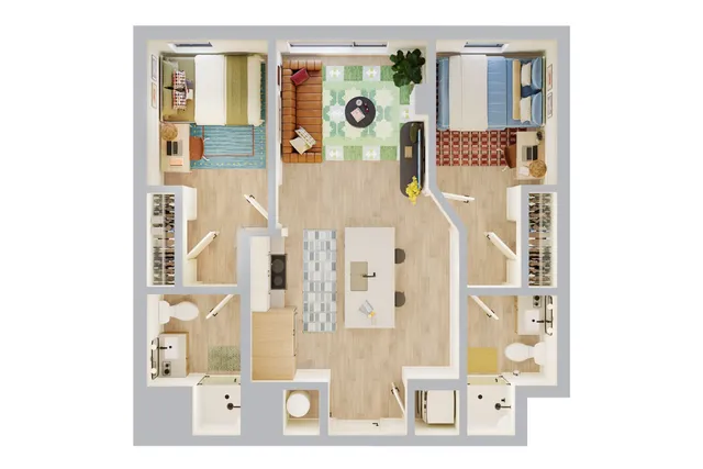 Modern 3D floor plan showcasing two cozy bedrooms, a bright open living area with stylish decor, and a functional kitchen island.