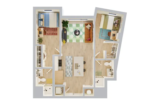 Charming 3D floor plan showcasing two cozy bedrooms, a stylish open living area, modern kitchen, and well-appointed bathrooms with warm wood flooring.