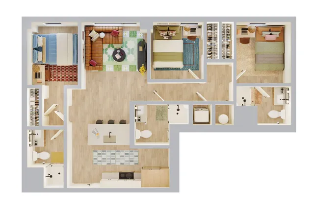 Chic 3D floor plan showcasing 3 bedrooms, a vibrant living area, a modern kitchen with island seating, and two sleek bathrooms.