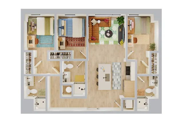 Modern apartment floor plan with three cozy bedrooms, a vibrant living room, stylish kitchen, and two sleek bathrooms.