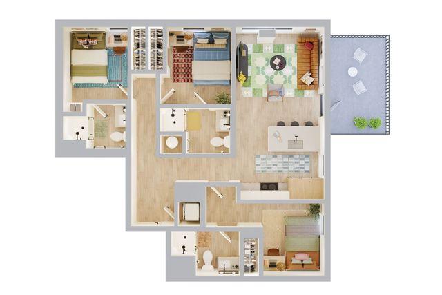 Modern apartment floor plan showcasing 3 bedrooms, an expansive open-concept living and dining area, stylish kitchen with an island, 2 sleek bathrooms, and a spacious balcony for outdoor relaxation.