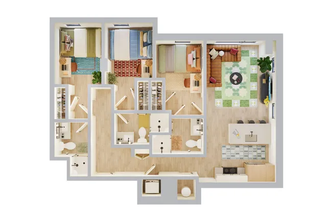 Modern 3D floor plan featuring three cozy bedrooms, a spacious living room, and a sleek kitchen with an island, ideal for family gatherings.