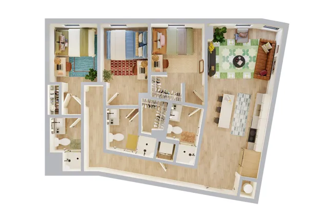 Contemporary floor plan with three spacious bedrooms, two modern bathrooms, a vibrant open-plan living and dining area, and an elegant kitchen. Perfect for family living.