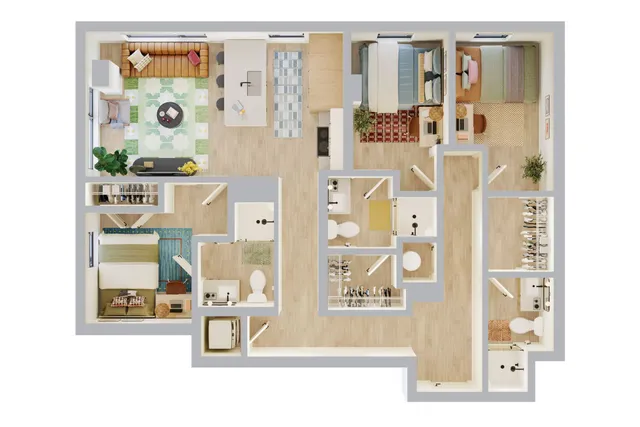 Modern floor plan featuring 3 spacious bedrooms, an open living room with stylish decor, a sleek kitchen with island seating, and well-appointed bathrooms.