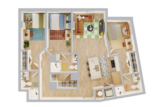 Modern 3D floor plan showcasing 3 bedrooms, a cozy living room, and a stylish open kitchen with dining area.