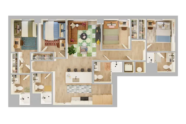 Elegant 3-bedroom floor plan featuring a modern open-concept kitchen and living area, two stylish bathrooms, and ample storage space.