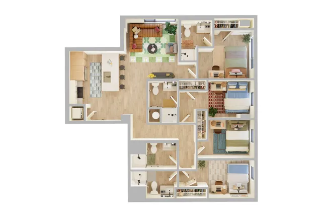 Modern apartment floor plan with four bedrooms, spacious open kitchen with island seating, and cozy living room. Includes multiple bathrooms and closets for extra storage.