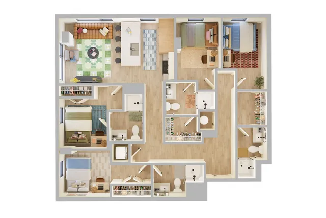 Bright and inviting 3D floor plan featuring three cozy bedrooms, a stylish open-concept living and dining area, modern kitchen with island, and two sleek bathrooms.