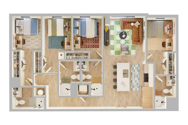 Modern 3D floor plan showcasing 3 bedrooms, a spacious open-concept living area, and an elegant kitchen with island seating.