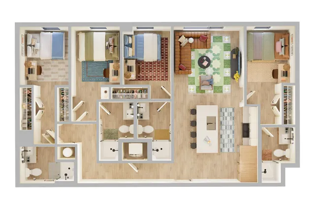 Chic 3-bedroom apartment floor plan featuring an open-concept living area, modern kitchen, and two stylish bathrooms for ultimate comfort.