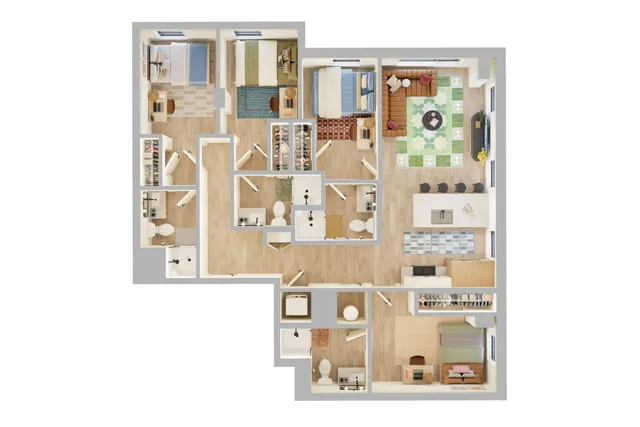 Contemporary 2D floor plan showcasing 3 bedrooms, a vibrant open-concept living area with modern kitchen, and multiple bathrooms for convenience.
