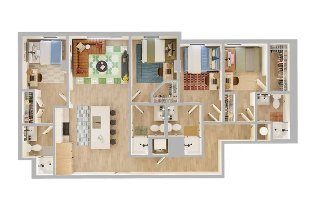 Contemporary 3-bedroom floor plan featuring a stylish open-concept kitchen with island seating, cozy living area, and modern bathrooms.
