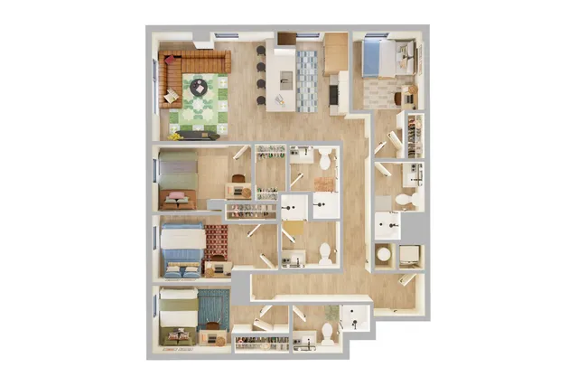 Spacious floor plan featuring four cozy bedrooms, a stylish open living area, and a modern kitchen with island seating.