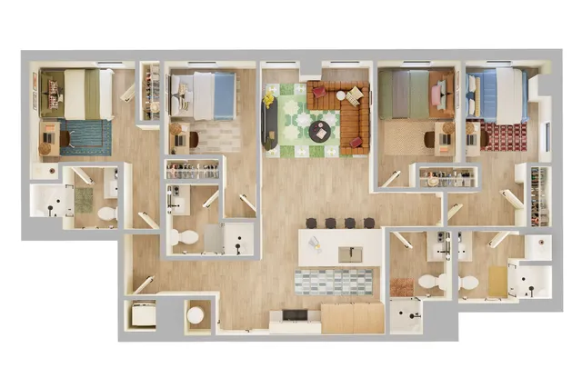Elegant 3D floor plan showcasing three spacious bedrooms, a vibrant living area, modern kitchen with breakfast bar, and two well-appointed bathrooms, perfect for contemporary living.