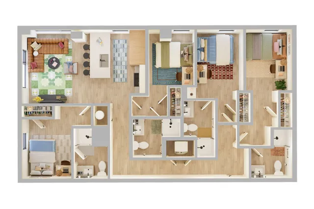 Modern 2D floor plan showcasing 4 spacious bedrooms, a cozy open-concept living room with a stylish kitchen island, and multiple bathrooms for convenience.